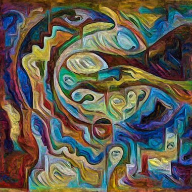 Hepimiz bu işin içindeyiz. İnsan siluetleri, insan durumunun şiirselliği üzerine soyut resim tarzıyla çizilmiştir..