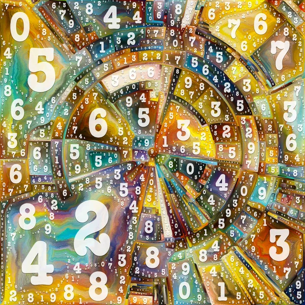 Paint by Numbers series. Abstract colorful painting of disk, rays and arches of radiating color and number symbols to represent source of platonic energy and power behind life.