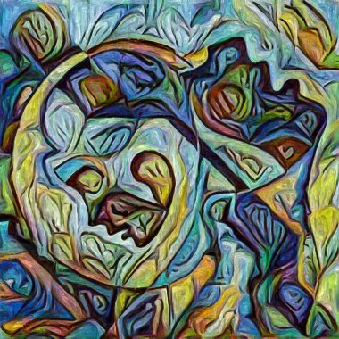 Hepimiz bu işin içindeyiz. İnsan siluetleri, insan durumunun şiirselliği üzerine soyut resim tarzıyla çizilmiştir..