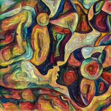 Hepimiz bu işin içindeyiz. İnsan siluetleri, insan durumunun şiirselliği üzerine soyut resim tarzıyla çizilmiştir..