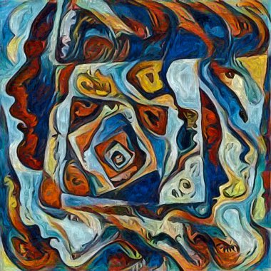 Zihin patlaması. İnsan yüzleri sarmalı, insan durumunun şiirselliği üzerine soyut resim tarzıyla çizilmiş..