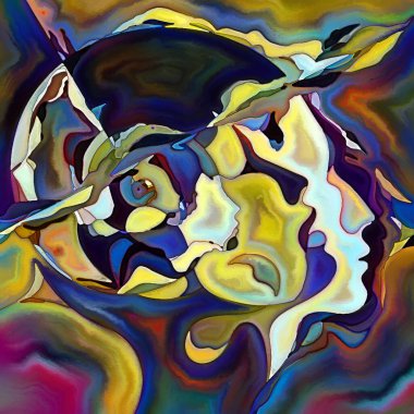 Parçalanmış Self serisi. İnsan yüz hatları ve insan ilişkileri, zihin, psikoloji, iç dünya, yaratıcılık, zihinsel hastalık ve sanat konularındaki organik renk kalıpları.