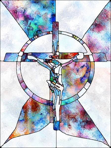 信仰的结构 玻璃杯系列交叉系列 基督与自然钉十字架分裂统一工程有机教会窗彩图案的创造性安排 — 图库照片