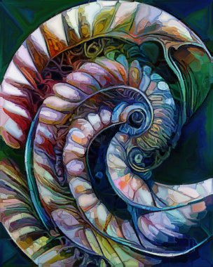 Dream of Seashell series. Interplay of spiral structures, shell patterns, colors and abstract elements on the subject of sea life, nature, creativity, art and design.