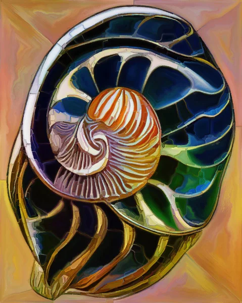 Dream of Nautilus series. Interplay of spiral structures, shell patterns, colors and abstract elements on the subject of sea life, nature, creativity, art and design.