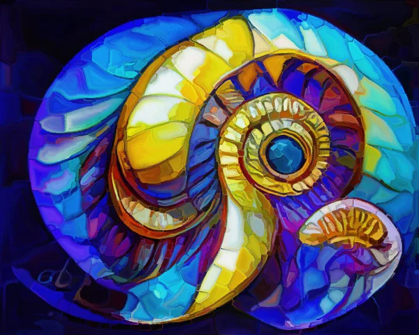 Dream of Nautilus series. Arrangement of spiral structures, shell patterns, colors and abstract elements on the subject of sea life, nature, creativity, art and design.