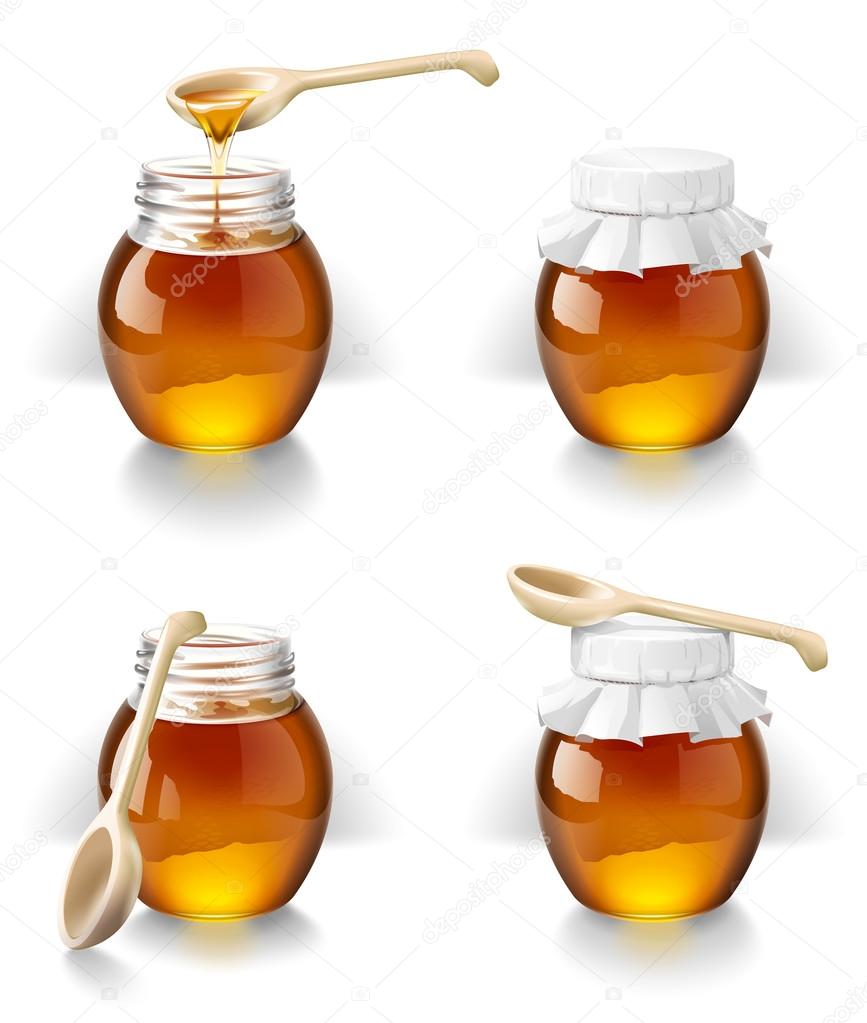 Bank of honey with a wooden spoon