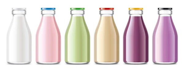 Uppsättning Glasflaskor Med Mjölk Cocktails Och Yoghurt — Stockfoto