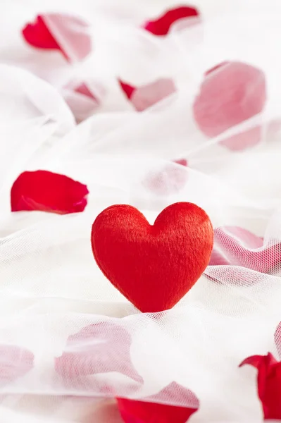 Red heart on wedding veil with rose petals — Stock Photo, Image