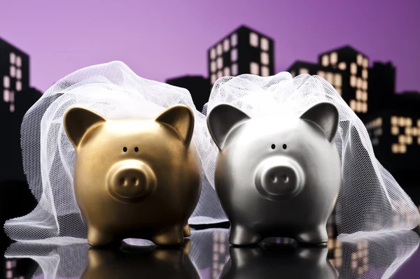 Metropolis City lesbian piggy bank civil union — Stock Photo, Image