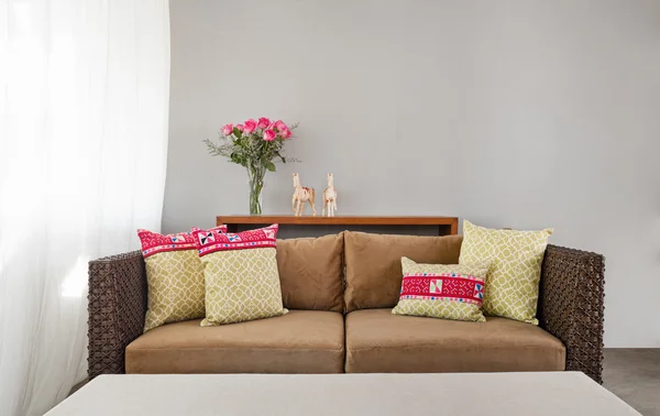 Beige brown sofa in interior setting — Stock Photo, Image