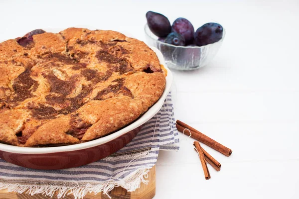 Americký Švestkový Dort Originální Recept Pruhovaný Ručník — Stock fotografie