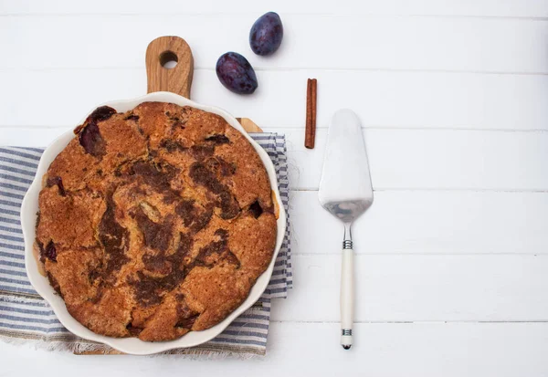 Americký Švestkový Dort Originální Recept Pruhovaný Ručník — Stock fotografie