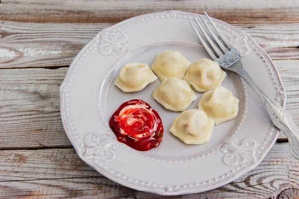 Russian Pelmeni Meat Dumplings Sauce Wooden Background — Stock Photo, Image