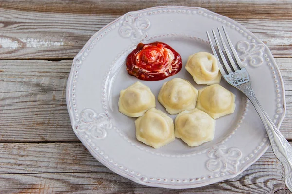 Russian Dish Meat Dumplings Pelmeni Wooden Background — Stock Photo, Image