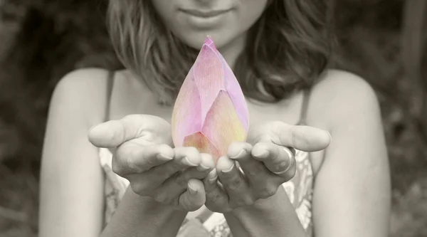 여자 그녀의 손에 연꽃을 유지 스톡 사진