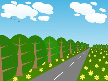 ağaçlar ve yol uzanır ufka