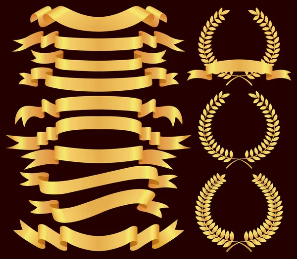 Vector gold banner and laurel wreath set — Stock Vector