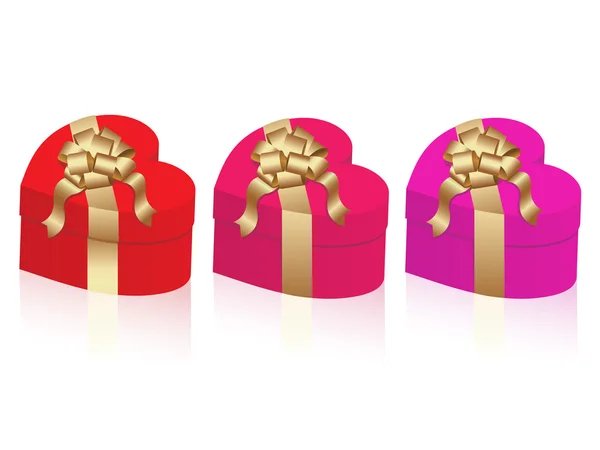 Scatole regalo a forma di cuore in 3 colori diversi — Vettoriale Stock