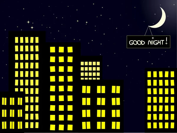 Paisaje nocturno de construir ciudad con luna — Vector de stock