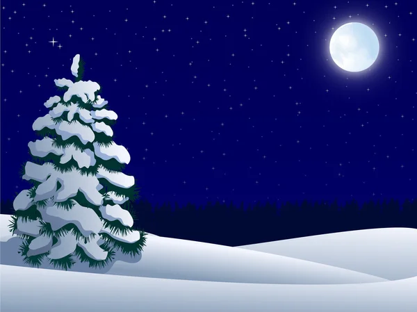 Paisaje nocturno de invierno con árbol solitario y luna — Vector de stock