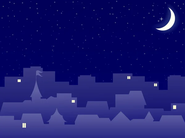 Paisaje nocturno de construir ciudad con luna en víspera de Navidad — Vector de stock