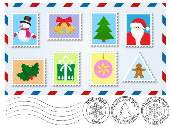 Elementi decorativi francobolli e francobolli per lettera a Babbo Natale — Vettoriale Stock