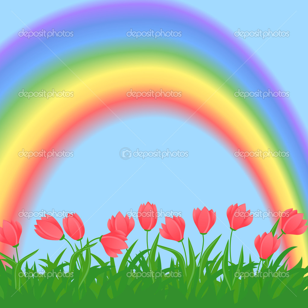 fiori di primavera ed erba illustrazione con arcobaleno Fiori di primavera ed erba illustrazione con arcobaleno — Vettoriale Stock