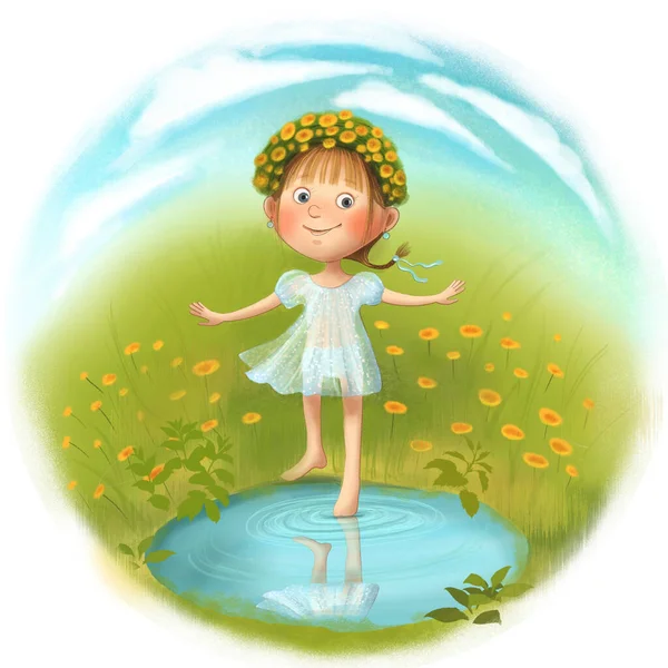 Spring Girl Wreath Dandelions Decoration Design Natural Beauty Summer Meadow — Stock Photo, Image