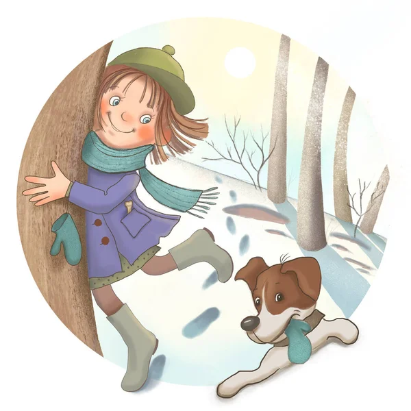 Ilustracja Dla Dzieci Dziewczyna Biegnie Przez Zimowy Las Psem Początek — Zdjęcie stockowe