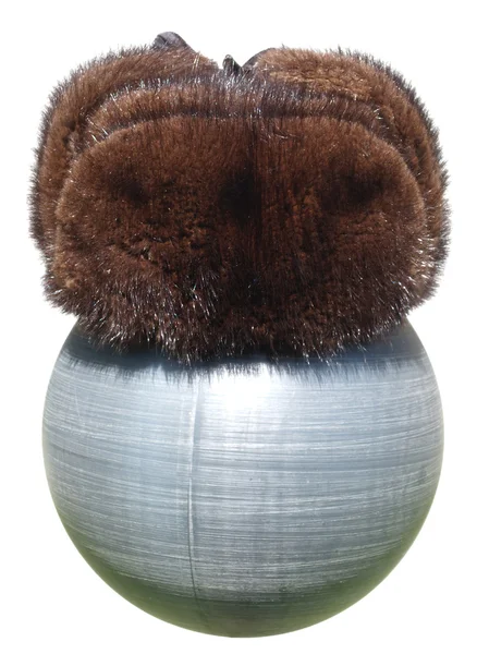 Fur winter hat on a plastic ball black isolated on white backgro — Stock Photo, Image