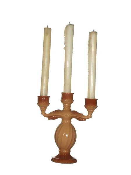 Ceramic Candelabrum Three Candles Brown Color Isolated White Background — Stock Photo, Image