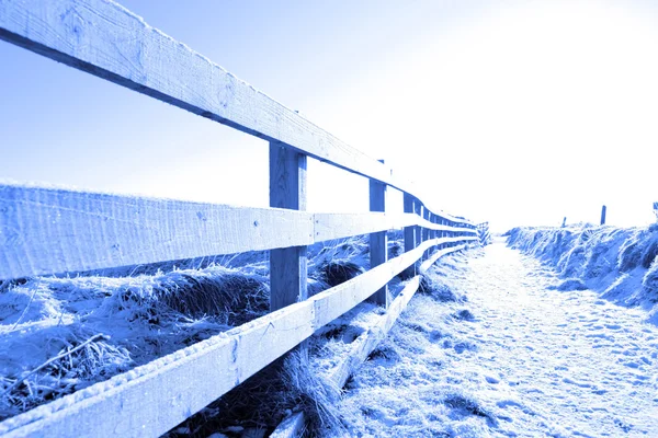 Koude besneeuwde pad op klif omheind wandeling — Stockfoto