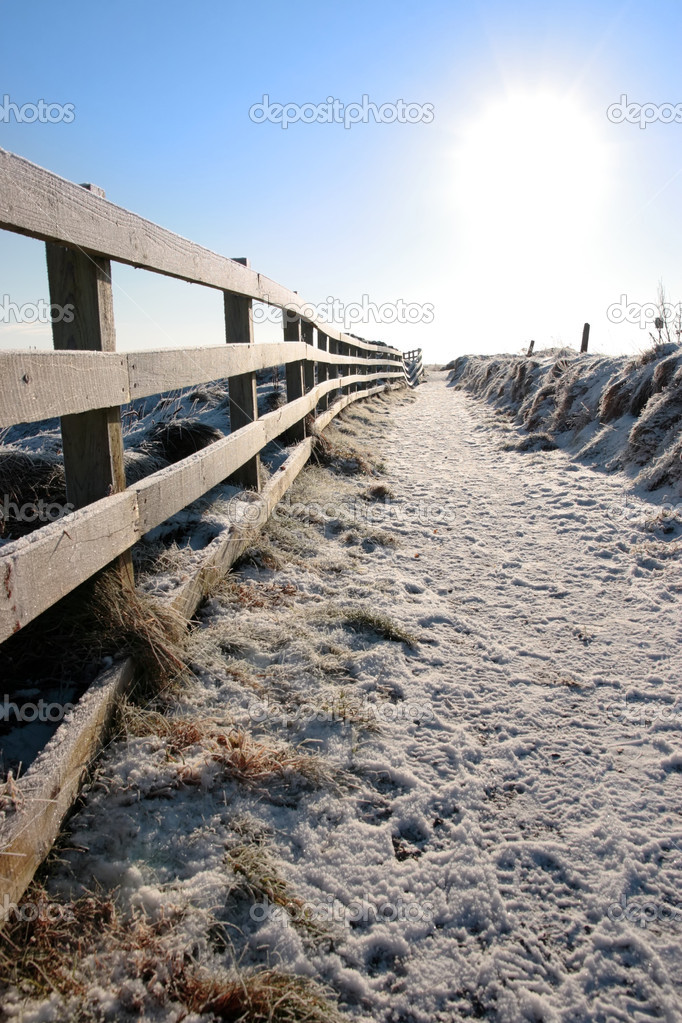 Frozen snow covered path on cliff fenced walk