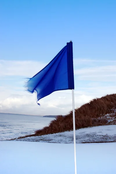 Campo de golfe verde no inverno e uma bandeira azul — Fotografia de Stock