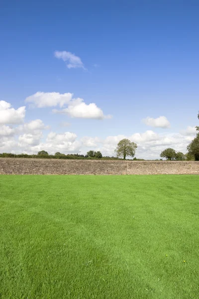 Taş duvar ile yeşil çim flields — Stok fotoğraf