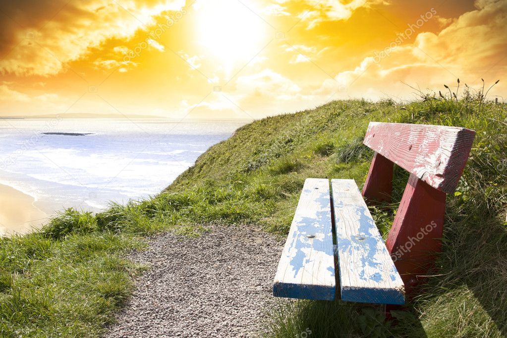 view of beach and Atlantic Ocean in Ballybunion with bench