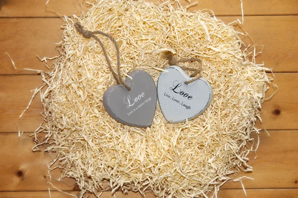 Couple of wooden heart in a hot love nest — Stock Photo, Image