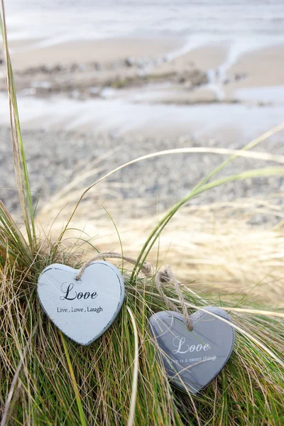 Dois corações de amor em dunas de areia gramíneas — Fotografia de Stock