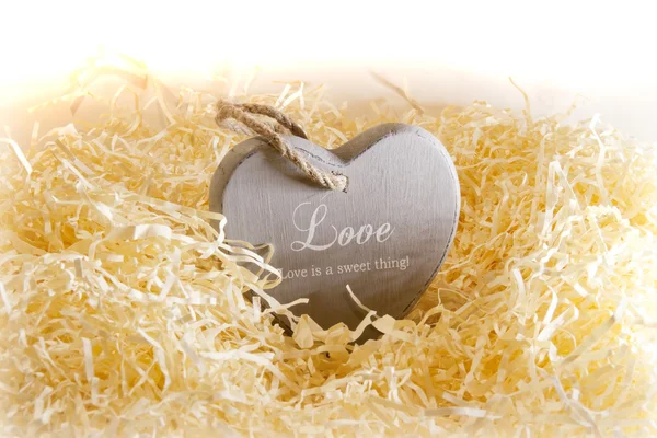 Alone brown wooden love heart in a love nest — Stock Photo, Image
