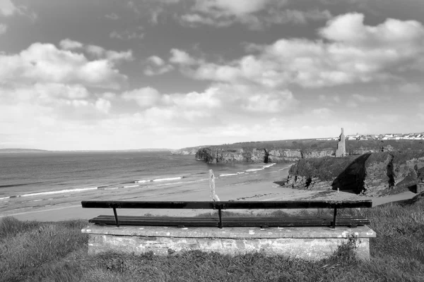 Banc sur le bord d'une falaise en noir et blanc — Photo