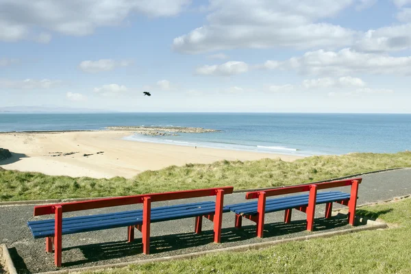 Ławki z widokiem na plażę ballybunion i wybrzeża — Zdjęcie stockowe