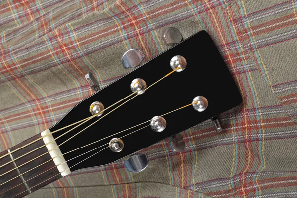 Musical Instrument Headstock Peghead Black Acoustic Guitar Cloth Fiber Plaid — Stock Photo, Image