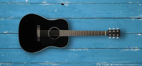 Musical Instrument Top View Black Acoustic Guitar Blie Wood Background — 스톡 사진