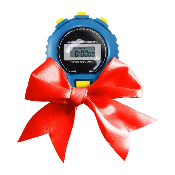 Sports Equipment Blue Digital Electronic Stopwatch Red Bow White Background — Stock Photo, Image