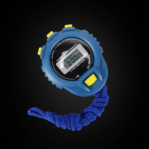 Sports Equipment Blue Digital Electronic Stopwatch Black Background Isolated — Stock Photo, Image