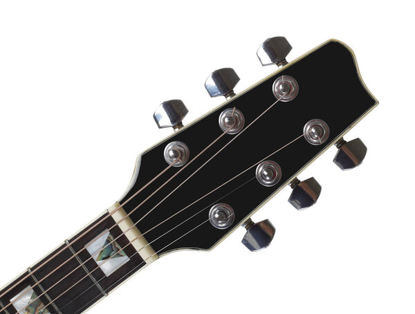 Musical instrument - headstock peghead black acoustic guitar on a white background.