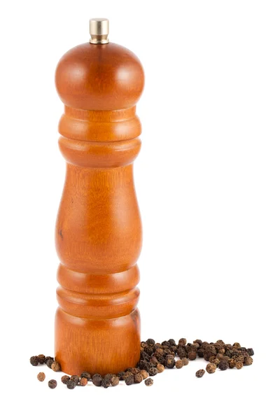 Wooden pepper mill and peppercorn — Stock Photo, Image