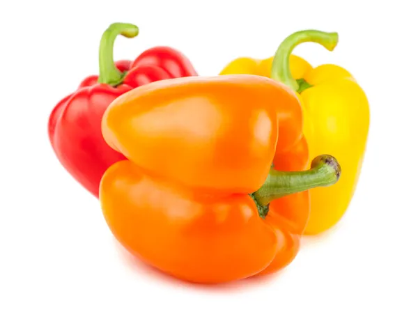 Three sweet red, orange, and yellow peppers — Stock Photo, Image