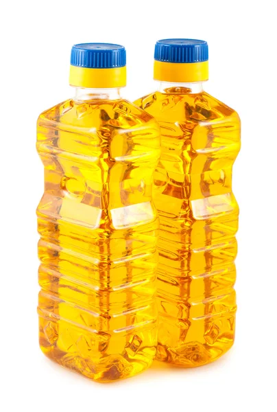 Två plastflaskor solrosolja — Stockfoto